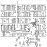 ai generado contorno ilustración para el estudiar habitación tiene estantería y muchos libro en allí vector