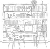 ai generado contorno ilustración para el estudiar habitación tiene estantería y muchos libro en allí vector