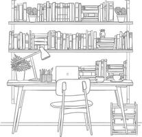 AI generated Outline Illustration for The study room has bookshelves and many book in there vector