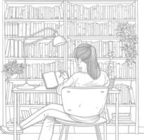 AI generated Outline Illustration for The study room has bookshelves and many book in there vector