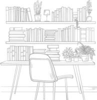 ai generado contorno ilustración para el estudiar habitación tiene estantería y muchos libro en allí vector