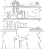 AI generated Outline Illustration for The study room has bookshelves and many book in there vector