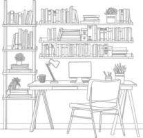 ai generado contorno ilustración para el estudiar habitación tiene estantería y muchos libro en allí vector