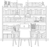 ai generado contorno ilustración para el estudiar habitación tiene estantería y muchos libro en allí vector