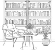 ai generado contorno ilustración para el estudiar habitación tiene estantería y muchos libro en allí vector