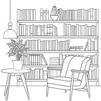 ai generado contorno ilustración para el estudiar habitación tiene estantería y muchos libro en allí vector