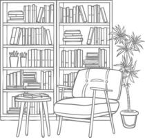 ai generado contorno ilustración para el estudiar habitación tiene estantería y muchos libro en allí vector