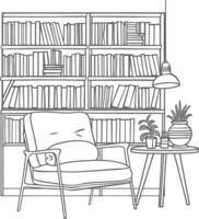 ai generado contorno ilustración para el estudiar habitación tiene estantería y muchos libro en allí vector