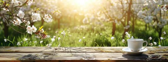 AI generated Spring Table With Trees In Bloom And Defocused Sunny Garden In Background photo