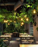 AI generated eco restaurant with lights photo
