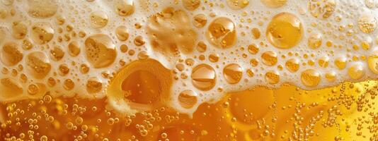 AI generated Ultra close up view of beer texture with foam photo