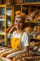 AI generated A baker in a bakery, she is baking bread with a smile photo