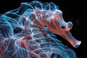 AI generated The marine seahorse glows with luminescent against of the dark sea professional photography photo