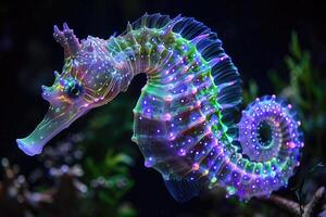 AI generated The marine seahorse glows with luminescent against of the dark sea professional photography photo