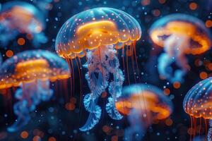 AI generated The marine jellyfish glows with luminescent against of the dark sea professional photography photo