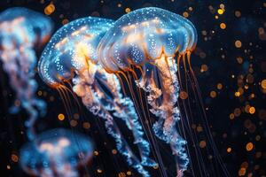 AI generated The marine jellyfish glows with luminescent against of the dark sea professional photography photo