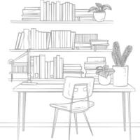 ai generado contorno ilustración para el estudiar habitación tiene estantería y muchos libro en allí vector