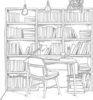 ai generado contorno ilustración para el estudiar habitación tiene estantería y muchos libro en allí vector