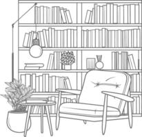 ai generado contorno ilustración para el estudiar habitación tiene estantería y muchos libro en allí vector