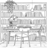 AI generated Outline Illustration for The study room has bookshelves and many book in there vector
