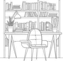 ai generado contorno ilustración para el estudiar habitación tiene estantería y muchos libro en allí vector