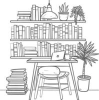 ai generado contorno ilustración para el estudiar habitación tiene estantería y muchos libro en allí vector