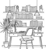 ai generado contorno ilustración para el estudiar habitación tiene estantería y muchos libro en allí vector