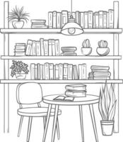 ai generado contorno ilustración para el estudiar habitación tiene estantería y muchos libro en allí vector