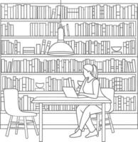 ai generado contorno ilustración para el estudiar habitación tiene estantería y muchos libro en allí vector