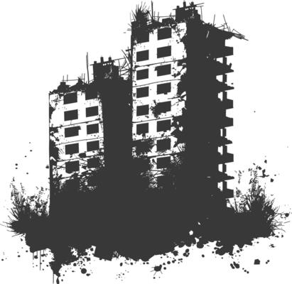 AI generated silhouette abandoned buildings black color only