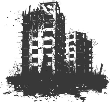 AI generated silhouette abandoned buildings black color only