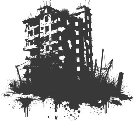AI generated silhouette abandoned buildings black color only