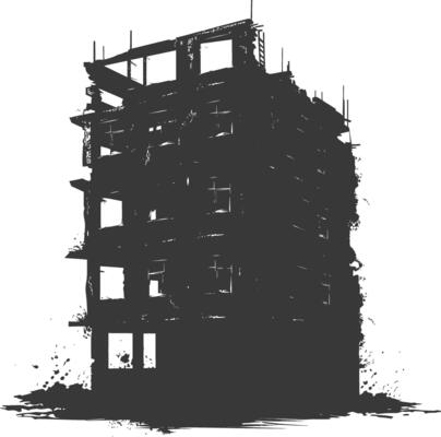 AI generated silhouette abandoned buildings black color only