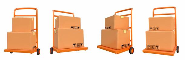 3d packaging cardboard stack with hand truck photo