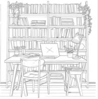 AI generated Outline Illustration for The study room has bookshelves and many book in there vector