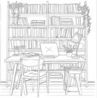 AI generated Outline Illustration for The study room has bookshelves and many book in there vector