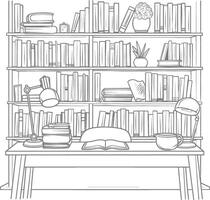 ai generado contorno ilustración para el estudiar habitación tiene estantería y muchos libro en allí vector