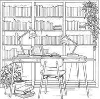 AI generated Outline Illustration for The study room has bookshelves and many book in there vector