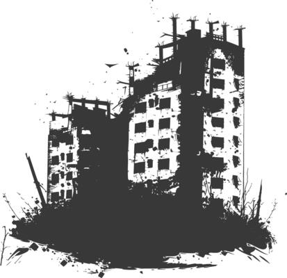 AI generated silhouette abandoned buildings black color only