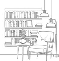 ai generado contorno ilustración para el estudiar habitación tiene estantería y muchos libro en allí vector