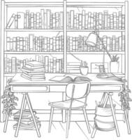 ai generado contorno ilustración para el estudiar habitación tiene estantería y muchos libro en allí vector