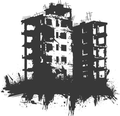 AI generated silhouette abandoned buildings black color only