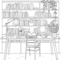 ai generado contorno ilustración para el estudiar habitación tiene estantería y muchos libro en allí vector