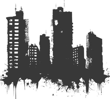 AI generated silhouette abandoned buildings black color only