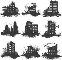 AI generated silhouette abandoned buildings black color only vector