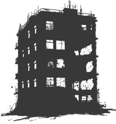 AI generated silhouette abandoned buildings black color only