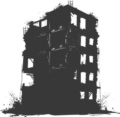 AI generated silhouette abandoned buildings black color only