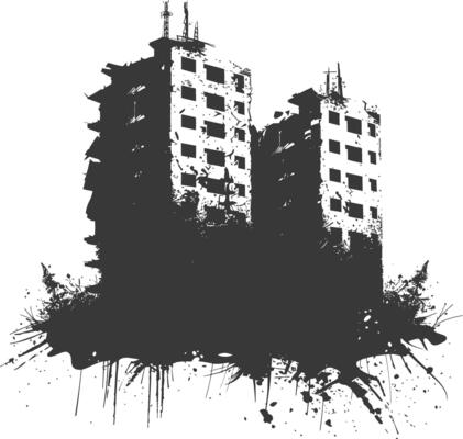 AI generated silhouette abandoned buildings black color only