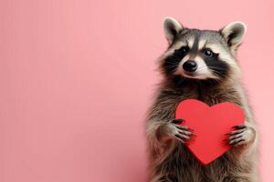 AI Generated Raccoon Holding a Red Heart Cutout Against a Pink Background photo