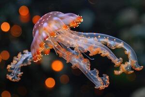 ai generado el marina Medusa brilla con luminiscente en contra de el oscuro mar profesional fotografía foto